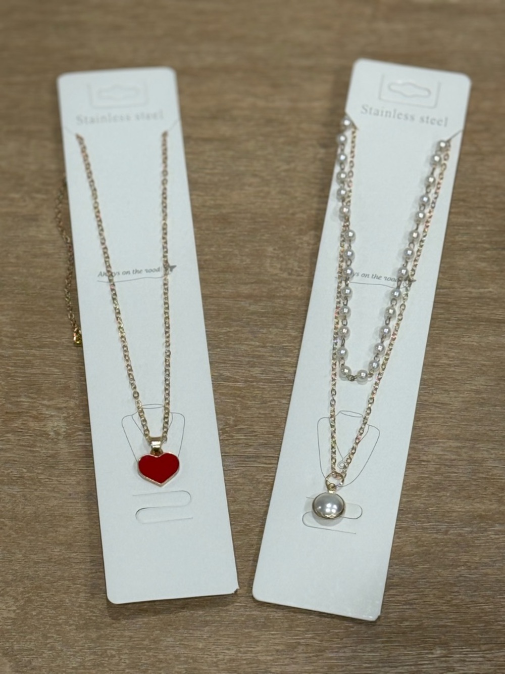 Fashion Jewelry Bundle: Red Heart & Pearl Double Layer Gold Necklaces